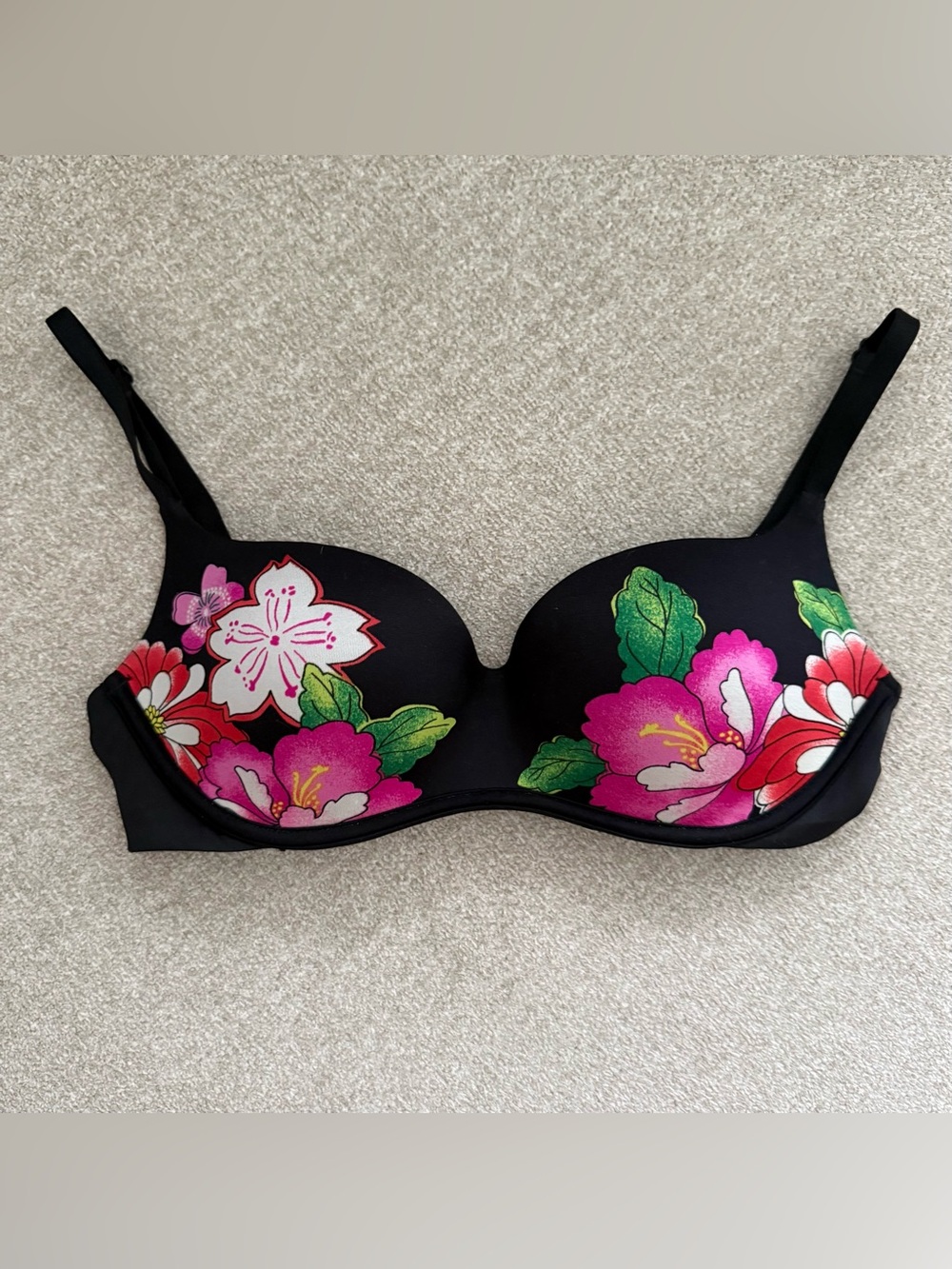 VTG Victoria's Secret Black Satin Floral Underwire Bra 32C Retro 90s Y2K